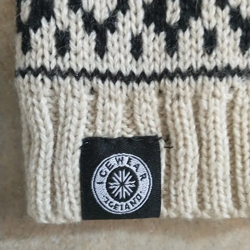 Icewear Iceland Gloves Mitten Womens S White Black Geometric 100%Wool Knit Lined